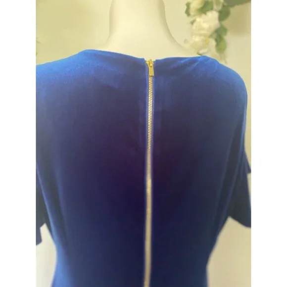 Calvin Klein Sheath Velvet Dress Womens Size 14 Solid‎ Royal Blue Cold  Shoulder